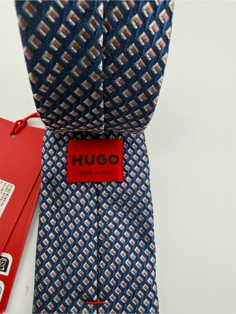 HUGO Navy Tie with Light Blue Diamond Micro-Pattern